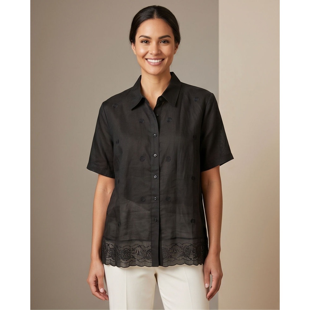 J.M.P. XL Vintage 2000s Y2K Black 100% Linen Embroidered Lace Trim Button Shirt